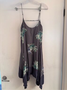 Free People Gray Floral Slip Midi Dress with Teal Accents